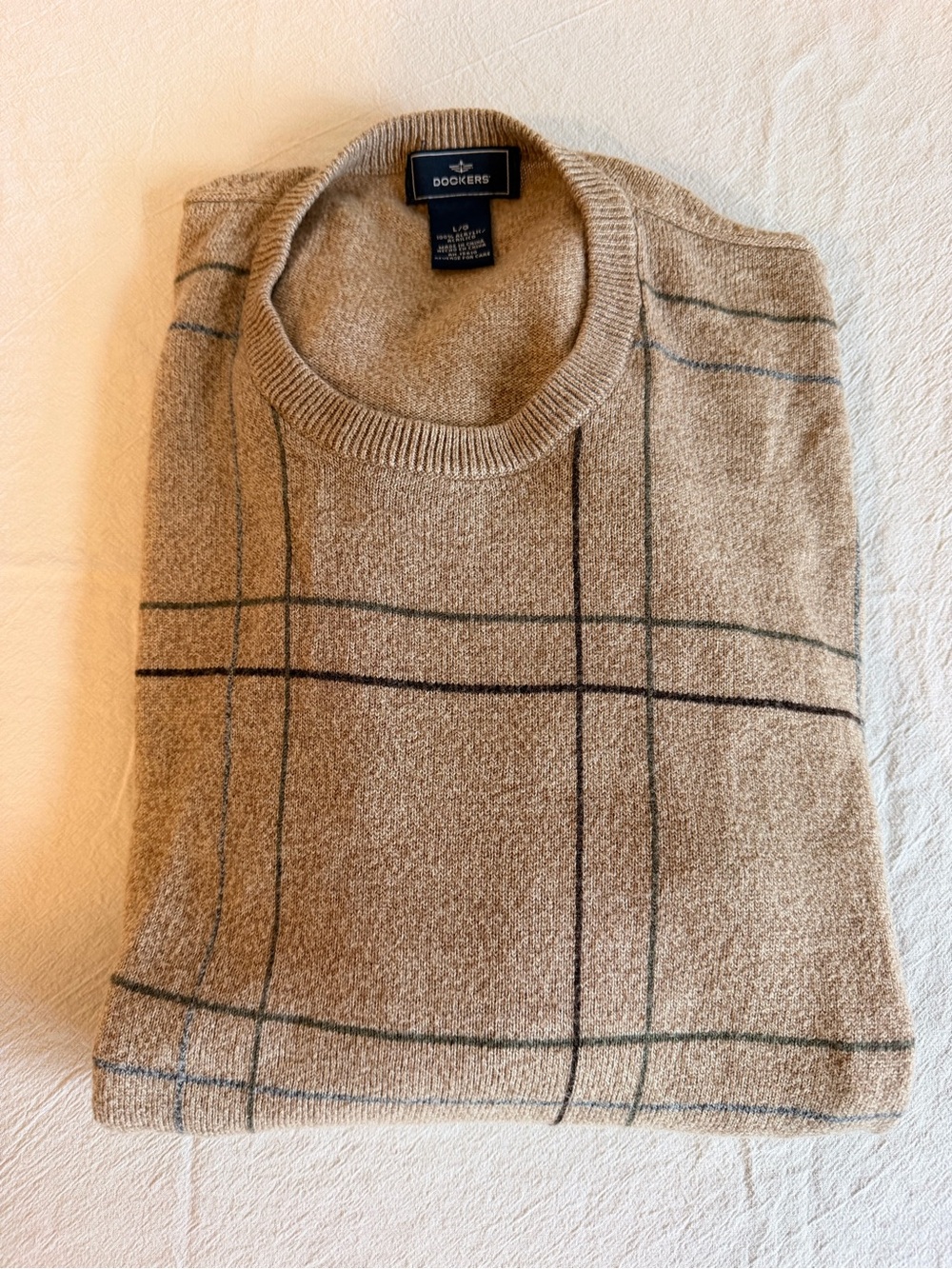 Dockers Tan Crewneck Sweater with Dark Plaid Windowpane